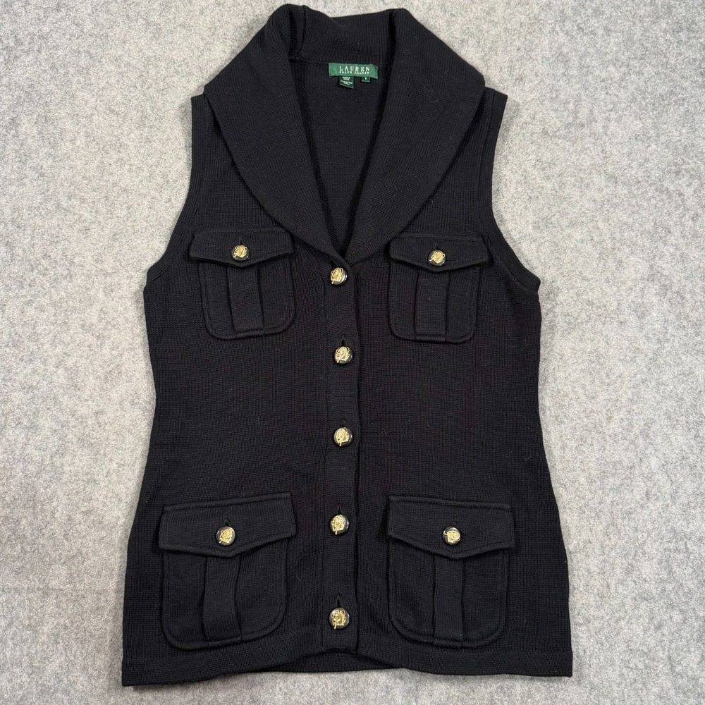 Lauren Ralph Lauren Black Knit Equestrian Button Sleeveless Sweater Vest‎ Size S